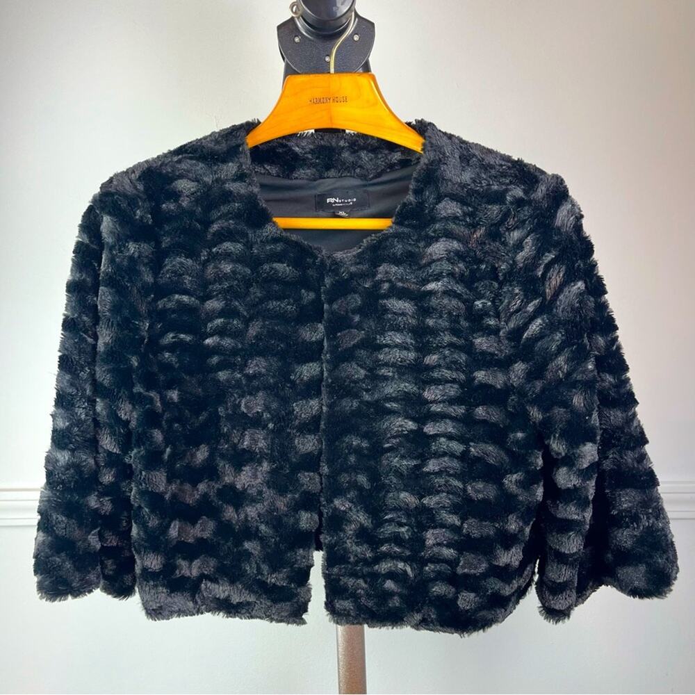 Ronni Nicole RN Studio Faux Fur Cropped 3/4 Sleeve Black Evening Jacket XL